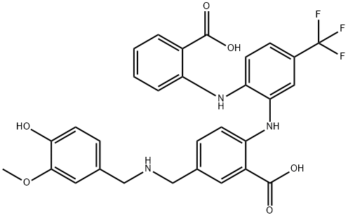 Benzoic  acid,  2-[[2-[(2-carboxyphenyl)amino]-5-(trifluoromethyl)phenyl]amino]-5-[[[(4-hydroxy-3-methoxyphenyl)methyl]amino]methyl]- 结构式