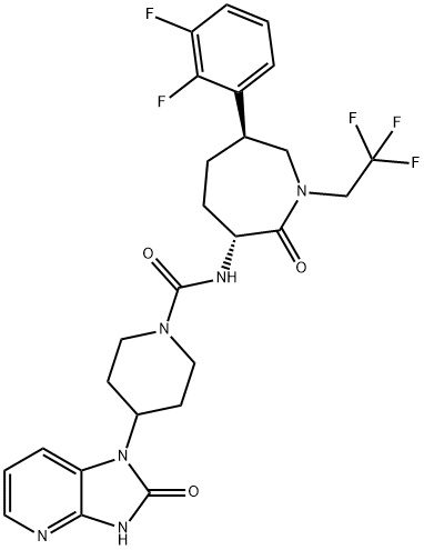 N-[(3R,6S)-6-(2,3-二氟苯基)六氢-2-氧代-1-(2,2,2-三氟乙基)-1H-氮杂卓-3-基]-4-(2,3-二氢-2-氧代-1H-咪唑并[4,5-B]吡啶-1-基)-1-哌啶甲酰胺 结构式