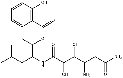 4-Amino-2,3-dihydroxy-N-[1-(3,4-dihydro-8-hydroxy-1-oxo-1H-2-benzopyran-3-yl)-3-methylbutyl]hexanediamide 结构式