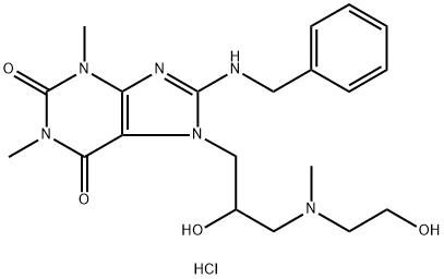 1H-Purine-2,6-dione, 3,7-dihydro-1,3-dimethyl-7-(2-hydroxy-3-((2-hydro xyethyl)methylamino)propyl)-8-((phenylmethyl)amino)-, monohydrochlorid e 结构式
