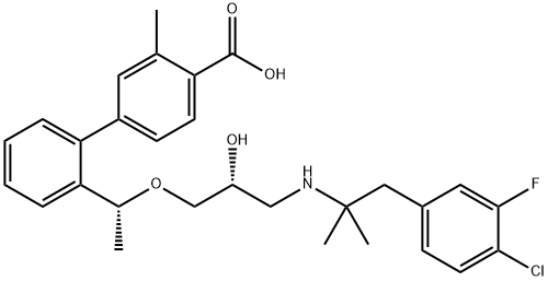 [1,1'-Biphenyl]-4-carboxylic acid, 2'-[(1R)-1-[(2R)-3-[[2-(4-chloro-3-fluorophenyl)-1,1-diMethylethyl]aMino]-2-hydroxypropoxy]ethyl]-3-Methyl- 结构式