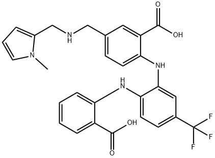 Benzoic  acid,  2-[[2-[(2-carboxyphenyl)amino]-5-(trifluoromethyl)phenyl]amino]-5-[[[(1-methyl-1H-pyrrol-2-yl)methyl]amino]methyl]- 结构式