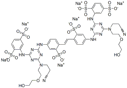 hexasodium 2,2'-[vinylenebis[(3-sulphonato-4,1-phenylene)imino[6-[(2-cyanoethyl)[2-(2-hydroxyethoxy)ethyl]amino]-1,3,5-triazine-4,2-diyl]imino]]bis[benzene-1,4-disulphonate] 结构式