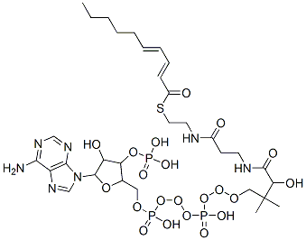 [5-(6-aminopurin-9-yl)-2-[[[[3-[2-(2-deca-2,4-dienoylsulfanylethylcarbamoyl)ethylcarbamoyl]-3-hydroxy-2,2-dimethyl-propoxy]-hydroxy-phosphoryl]oxy-hydroxy-phosphoryl]oxymethyl]-4-hydroxy-oxolan-3-yl]oxyphosphonic acid 结构式