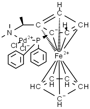 二氯[(S)-N,N-二甲基-1-[(R)-2-(二苯基膦)二茂铁基]乙胺]钯(II) 结构式