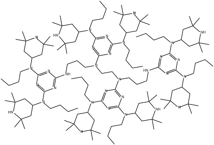 1,3,5-Triazine-2,4,6-triamine, N,N'''-1,2-ethanediylbis[N-[3-[[4,6-bis[butyl(2,2,6,6-tetramethyl-4-piperidinyl)amino]-1,3,5-triazin-2-yl]amino]propyl]-N,N''-dibutyl-N,N''-bis(2,2,6,6-tetramethyl-4-piperidinyl)- 结构式