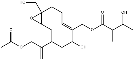 3-Hydroxy-2-methylbutanoic acid [8-[1-(acetoxymethyl)vinyl]-6-hydroxy-1-hydroxymethyl-11-oxabicyclo[8.1.0]undec-4-en-5-yl]methyl ester 结构式