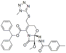 (6R,7R)-7-Methoxy-3-[(1-methyl-1H-tetrazol-5-ylthio)methyl]-8-oxo-7-(p-toluoylamino)-5-oxa-1-azabicyclo[4.2.0]oct-2-ene-2-carboxylic acid diphenylmethyl ester 结构式