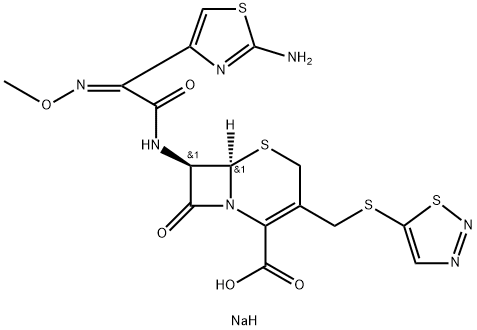 sodium (6R,7R)-7-[[2-(2-amino-1,3-thiazol-4-yl)-2-methoxyimino-acetyl] amino]-8-oxo-3-(thiadiazol-5-ylsulfanylmethyl)-5-thia-1-azabicyclo[4.2 .0]oct-2-ene-2-carboxylate 结构式