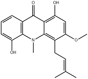 1,5-Dihydroxy-3-methoxy-10-methyl-4-(3-methyl-2-butenyl)acridin-9(10H)-one 结构式