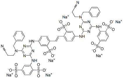 hexasodium 2,2'-[vinylenebis[(3-sulphonato-4,1-phenylene)imino[6-[(2-cyanoethyl)(phenylmethyl)amino]-1,3,5-triazine-4,2-diyl]imino]]bis(benzene-1,4-disulphonate)  结构式