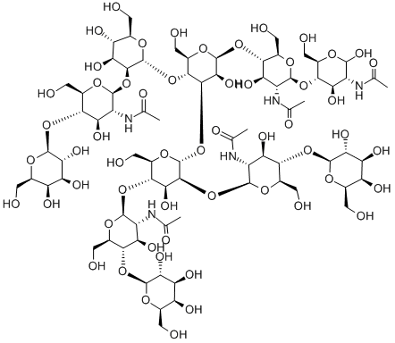 O-BETA-D-吡喃半乳糖基-(1-4)-O-2-(乙酰氨基)-2-脱氧-BETA-D-吡喃葡萄糖基-(1-2)-O-[O-BETA-D-吡喃半乳糖基-(1-4)-2-(乙酰氨基)-2-脱氧-BETA-D-吡喃葡萄糖基-(1-4)]-O-ALPHA-D-甘露糖基-(1-3)-O-[O-BETA-D-吡喃半乳糖基-(1-4)-O-2-(乙酰氨基)-2-脱氧-BETA-D-吡喃葡萄糖基-(1-2)-ALPHA-D-甘露糖基-(1-6)]-O-BETA-D-甘露糖基-(1-4)-O-2-(乙酰氨基)-2-脱氧-BETA-D-吡喃葡萄糖基-(1-4)-2-(乙酰氨基)-2-脱氧-D-葡萄糖 结构式