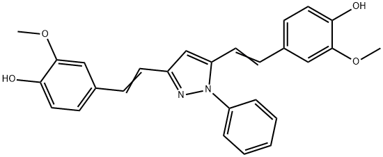 4,4'-(1E,1'E)-2,2'-(1-phenyl-1H-pyrazole-3,5-diyl)bis(ethene-2,1-diyl)bis(2-methoxyphenol) 结构式