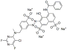 4-(benzoylamino)-6-[[5-[[(5-chloro-2,6-difluoro-4-pyrimidinyl)methylamino]methyl]-2-sulphophenyl]azo]-5-hydroxynaphthalene-1,7-disulphonic acid, sodium salt 结构式