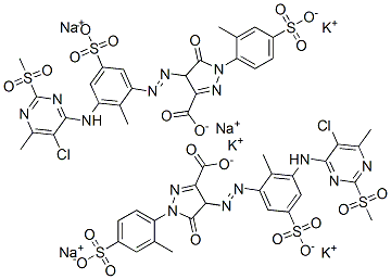 4-[[3-[[5-chloro-6-methyl-2-(methylsulphonyl)-4-pyrimidinyl]amino]-2-methyl-5-sulphophenyl]azo]-4,5-dihydro-1-(2-methyl-4-sulphophenyl)-5-oxo-1H-pyrazole-3-carboxylic acid, potassium sodium salt 结构式