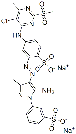 2-[[5-amino-3-methyl-1-(3-sulphophenyl)-1H-pyrazol-4-yl]azo]-4-[[5-chloro-6-methyl-2-(methylsulphonyl)-4-pyrimidinyl]amino]benzenesulphonic acid, sodium salt 结构式