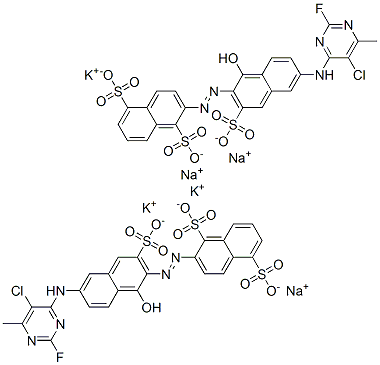 2-[[6-[(5-chloro-2-fluoro-6-methylpyrimidin-4-yl)amino]-1-hydroxy-3-sulpho-2-naphthyl]azo]naphthalene-1,5-disulphonic acid, potassium sodium salt 结构式