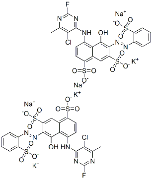 4-[(5-氯-2-氟-6-甲基-4-嘧啶基)氨基]-5-羟基-6-[(2-磺苯基)偶氮]-1,7-萘二磺酸钾钠 结构式