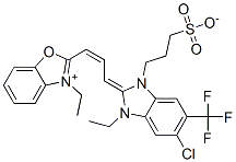 2-[3-[5-chloro-3-ethyl-1,3-dihydro-1-(3-sulphonatopropyl)-6-(trifluoromethyl)-2H-benzimidazol-2-ylidene]prop-1-enyl]-3-ethylbenzoxazolium 结构式