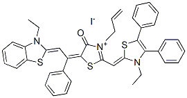 3-allyl-5-[2-(3-ethylbenzothiazol-2(3H)-ylidene)-1-phenylethylidene]-2-[(3-ethyl-4,5-diphenylthiazol-2(3H)-ylidene)methyl]-4-oxothiazolium iodide 结构式