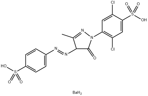 barium 2,5-dichloro-4-[4,5-dihydro-3-methyl-5-oxo-4-[(4-sulphonatophenyl)azo]-1H-pyrazol-1-yl]benzenesulphonate 结构式