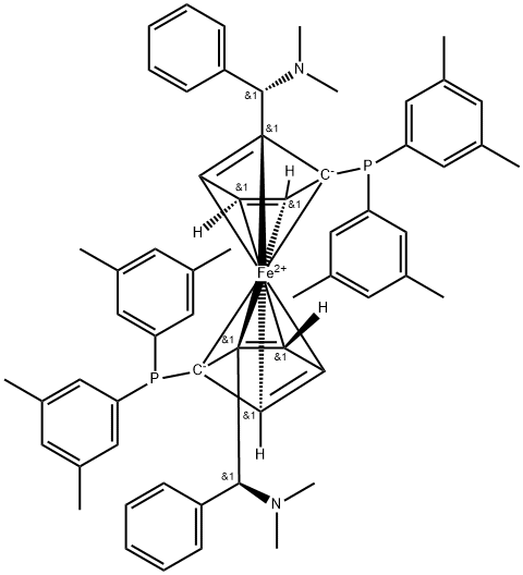 (RP,R′P)-1,1′-双[(S)-Α-(二甲氨基)苄基]-2,2′-双[二(3,5-二甲苯基)膦基]二茂铁 结构式