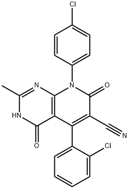 Pyrido[2,3-d]pyrimidine-6-carbonitrile,  5-(2-chlorophenyl)-8-(4-chlorophenyl)-1,4,7,8-tetrahydro-2-methyl-4,7-dioxo-  (9CI) 结构式