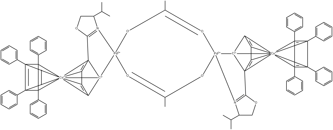 二-Μ-乙酸双[Η5-(R)-(PR)-2-(2′-(4′-甲基乙基)唑啉基)环戊二烯基,1-C,3′-N)(Η4-四苯基环丁二烯)钴]二钯 结构式