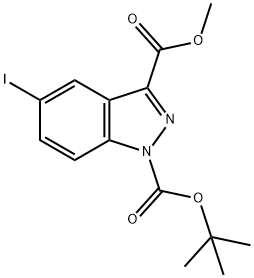 1H-吲唑-1,3-二羧酸,5-碘-,1-(1,1-二甲基乙基)3-甲酯 结构式