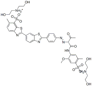 bis[bis(2-hydroxyethyl)ammonium] 2'-[4-[[1-[[(2-methoxy-5-methyl-4-sulphonatophenyl)amino]carbonyl]-2-oxopropyl]azo]phenyl]-6-methyl[2,6-dibenzothiazole]-7-sulphonate 结构式