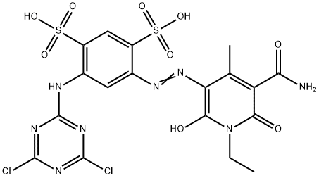 4-[[5-(aminocarbonyl)-1-ethyl-1,6-dihydro-2-hydroxy-4-methyl-6-oxo-3-pyridyl]azo]-6-[(4,6-dichloro-1,3,5-triazin-2-yl)amino]benzene-1,3-disulphonic acid 结构式