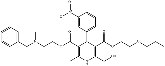 2-propoxyethyl 2-(benzyl-methyl-amino)ethyl 2-(hydroxymethyl)-6-methyl -4-(3-nitrophenyl)-1,4-dihydropyridine-3,5-dicarboxylate 结构式