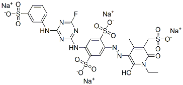 tetrasodium 2-[[1-ethyl-1,6-dihydro-2-hydroxy-4-methyl-6-oxo-5-(sulphonatomethyl)-3-pyridyl]azo]-5-[[4-fluoro-6-[(3-sulphonatophenyl)amino]-1,3,5-triazin-2-yl]amino]benzene-1,4-disulphonate 结构式