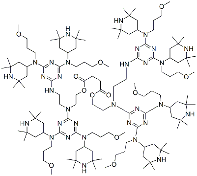 Butanedioic acid, bis[2-[[4,6-bis[(3-methoxypropyl)(2,2,6,6-tetramethyl-4-piperidinyl)amino]-1,3,5-triazin-2-yl][2-[[4,6-bis[(3-methoxypropyl)(2,2,6,6-tetramethyl-4-piperidinyl)amino]-1,3,5-triazin-2-yl]amino]ethyl]amino]ethyl] ester 结构式