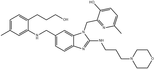 2-[[6-[[[2-(3-羟基丙基)-5-甲基苯基]氨基]甲基]-2-[[3-(吗啉-4-基)丙基]氨基]苯并咪唑-1-基]甲基]-6-甲基吡啶-3-醇 结构式