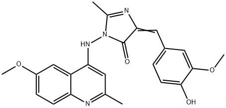 4H-Imidazol-4-one, 3,5-dihydro-5-((4-hydroxy-3-methoxyphenyl)methylene )-3-((6-methoxy-2-2-methyl-4-quinolinyl)amino)-2-methyl- 结构式