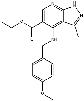 ethyl 4-[(4-methoxybenzyl)amino]-3-methyl-1H-pyrazolo[3,4-b]pyridine-5-carboxylate 结构式