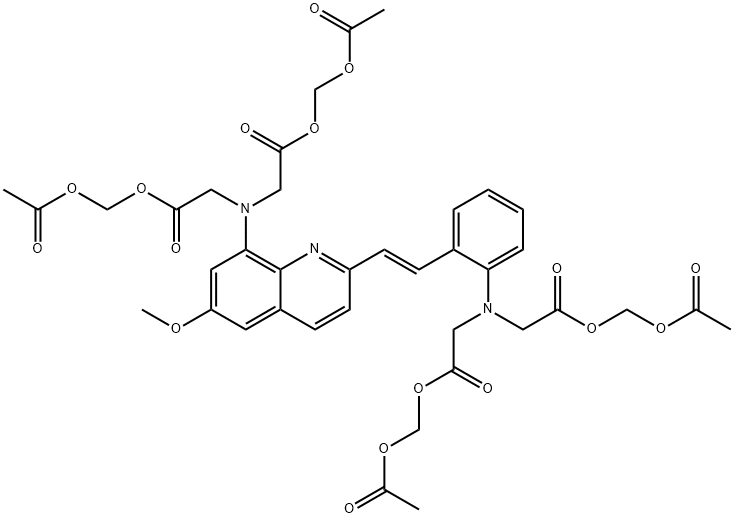 8-BIS[CARBOXYMETHYL]AMINO-2-[2-(2-BIS[CARBOXYMETHYL]-AMINOPHENYL)ETHENYL]-6-METHOXY-QUINOLINE TETRA[ACETOXYMETHYL] ESTER 结构式