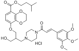 1,4-Benzodioxin-5-carboxylic acid, 2,3-dihydro-8-(2-(hydroxymethyl)-3- (4-(1-oxo-3-(3,4,5-trimethoxyphenyl)-2-propenyl)-1-piperazinyl)propoxy )-, 3-methylbutyl ester, monohydrochloride 结构式