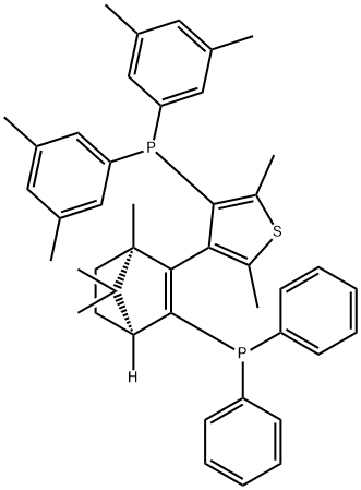 (+)-{4-[(1R,4S)-3-(二苯基膦基)-1,7,7-三甲基二环[2.2.1]庚-2-烯-2-基]-2,5-二甲基-3-噻吩并-3-基}二(3,5-二甲基苯基)膦 结构式