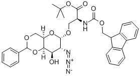 O-(2-叠氮-4,6-O-苯亚甲基-2-脱氧-α-D-吡喃半乳糖)-N-[(9H-芴-9-基甲氧基)羰基]-L-丝氨酸叔丁酯 结构式