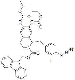 2(1H)-Isoquinolinecarboxylic  acid,  1-[(4-azido-3-iodophenyl)methyl]-6,7-bis[(ethoxycarbonyl)oxy]-3,4-dihydro-,  9H-fluoren-9-ylmethyl  ester 结构式