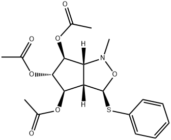 1H-Cyclopentcisoxazole-4,5,6-triol, hexahydro-1-methyl-3-(phenylthio)-, triacetate (ester), 3S-(3.alpha.,3a.alpha.,4.alpha.,5.beta.,6.alpha.,6a.alpha.)- 结构式