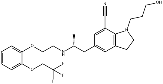 2,3-二氢-1-(3-羟基丙基)-5-[(2R)-2-[[2-[2-(2,2,2-三氟乙氧基)苯氧基]乙基]氨基]丙基]-1H-吲哚-7-甲腈 结构式