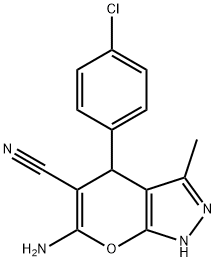 6-amino-4-(4-chlorophenyl)-3-methyl-1,4-dihydropyrano[2,3-c]pyrazole-5-carbonitrile 结构式