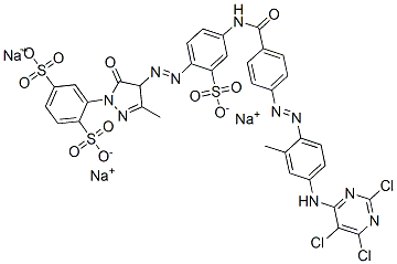 trisodium 2-[4,5-dihydro-3-methyl-4-[[4-[[4-[[2-methyl-4-[(2,5,6-trichloropyrimidin-4-yl)amino]phenyl]azo]benzoyl]amino]-2-sulphonatophenyl]azo]-5-oxo-1H-pyrazol-1-yl]benzene-1,4-disulphonate 结构式