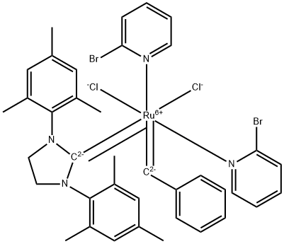 二氯[1,3-双(2,4,6-三甲基苯基)-2-咪唑烷亚基](亚苄基)双(3-溴吡啶)钌(II) 结构式