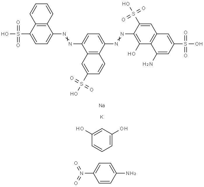 2,7-Naphthalenedisulfonic acid, 5-amino-4-hydroxy-3-[[6-sulfo-4-[(4-sulfo-1-naphthalenyl)azo]-1-naphthalenyl]azo]-, diazotized, coupled with diazotized 4-nitrobenzenamine and resorcinol, potassium sodium salts 结构式