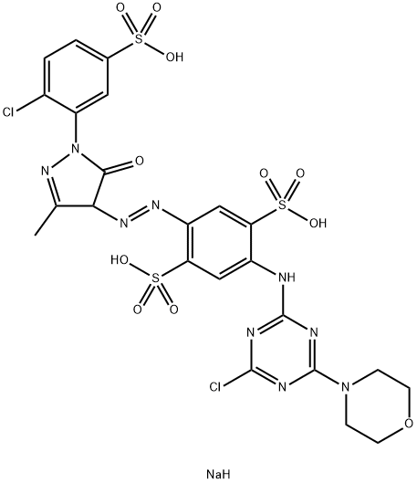 trisodium 2-[[4-chloro-6-morpholino-1,3,5-triazin-2-yl]amino]-5-[[1-(2-chloro-5-sulphonatophenyl)-4,5-dihydro-3-methyl-5-oxo-1H-pyrazol-4-yl]azo]benzene-1,4-disulphonate 结构式