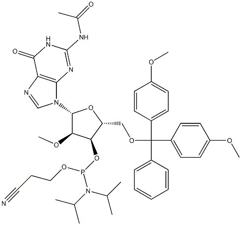 N-乙酰基-5'-O-(4,4-二甲氧基三苯甲基)-2'-O-甲基鸟苷-3'-(2-氰基乙基-N,N-二异丙基)亚磷酰胺 结构式